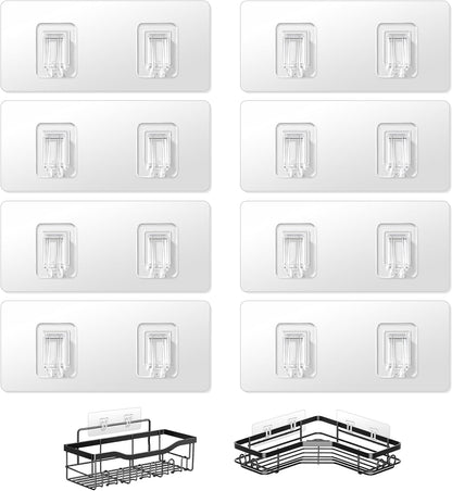Shower Caddy Adhesive Replacement Hooks, Heavy Duty Waterproof Strips, No Drilling for Bathroom Shelves, Kitchen Racks, and Soap Holders (Transparent-8Pack 2Hook)1