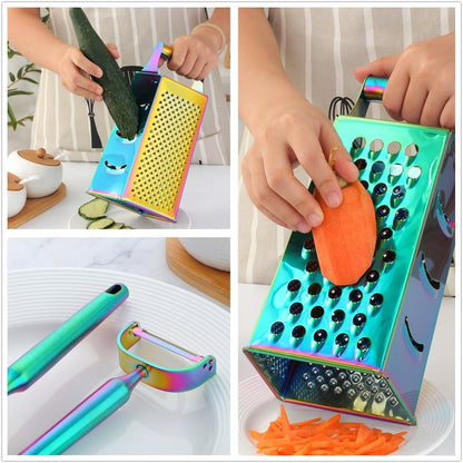 4 Sides Box Grater for Kitchen,Stainless Steel Cheese Grater with Handle,Multi-Function Vegetable Slicer Food Shredder for Chees,Ginger,Vegetables,Rainbow4