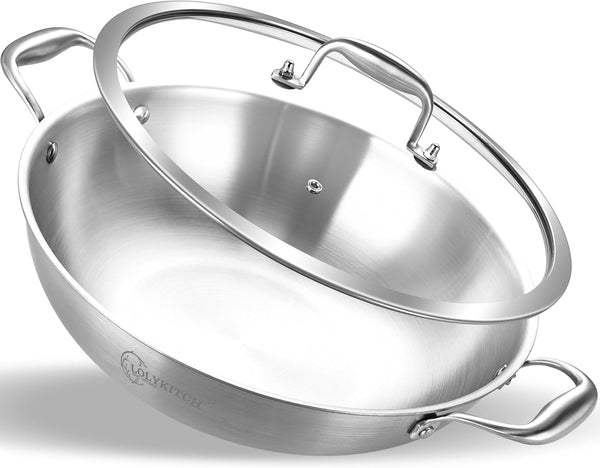 13-Inch Stainless Steel Wok with Lid | 5.5-Quart | Dual Handles | Uncoated Tri-Ply Stir Fry Pan | Everyday Cooking Wok for Induction | Flat Bottom | PFOA-FREE | 4-5 Servings ﻿1