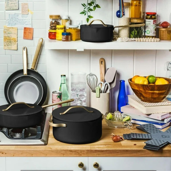 Pans 12Pc Ceramic Non-Stick Cookware Set by Drew Barrymore, Pots & Pans with Lids, Dishwasher‑Safe,Soft‑Touch Handles, Even‑Heat Base. (Black Seaseme)2