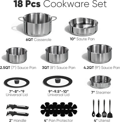 18Pcs Tri-Ply Stainless Steel Cookware Set with Detachable Handle | Pots and Pans Set, Even Heating, Non-Toxic, Induction Compatible, Dishwasher& Oven Safe, Space Saving, Camping Cooking, Black2