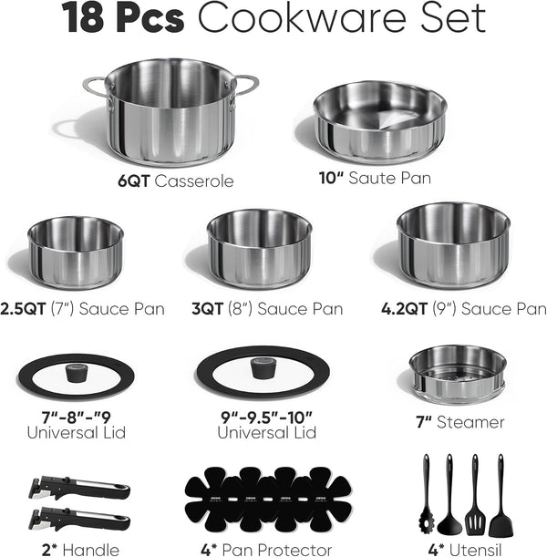 18Pcs Tri-Ply Stainless Steel Cookware Set with Detachable Handle | Pots and Pans Set, Even Heating, Non-Toxic, Induction Compatible, Dishwasher& Oven Safe, Space Saving, Camping Cooking, Black2