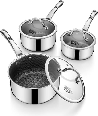 Sauce Pan with Lid,1.5 Quart & 2.5 Quart & 3.5 Quart Nonstick Pot Set | Hybrid Stainless Steel Saucier Cookware,Non Stick Pots PFOA Free,Works on Induction,Ceramic and Gas Cooktops1