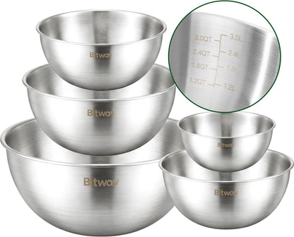 304 Stainless Steel Mixing Bowls Set of 5, 1.1/1.6/1.9/2.5/3.5 QT Food Grade Metal Bowls with Measurement Marks, Dishwasher Safe & Stackable Nesting for Baking, Salads, Meal Prep, RV & Camping1