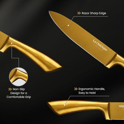 Luxury 7-Piece Gold Kitchen Knife Set with Rod Sharpener – Titanium-Coated Stainless Steel Knives Set for Kitchen, Super Sharp Cutlery Tools, Premium Cookware Gift for Home Chefs2