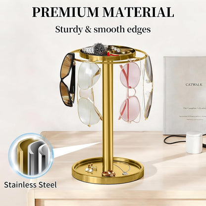 360° Rotating Sunglasses Organizer, Glasses Holder with Organizer Tray | Stainless Steel Eyeglasses Holder with Storage Base for Dresser, Desk Table, Nightstand & Home Decor, Gold4