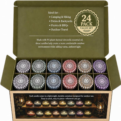 24 Pack Citronella Candles Outdoor, 2.5 Oz Soy Wax Tin Candles with 8% Citronella Oil, up to 600 Hours Total Burn Time, Portable Patio Candle Set for Backyard, Camping, BBQ & Summer Use2