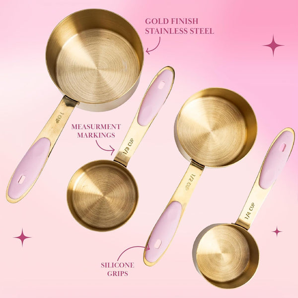 Measuring Cups and Spoons Set, Stainless Steel with Pink Silicone Inset Handle, Dishwasher Safe, for Dry and Liquid Ingredients, 8-Piece Set, Gold and Pink5