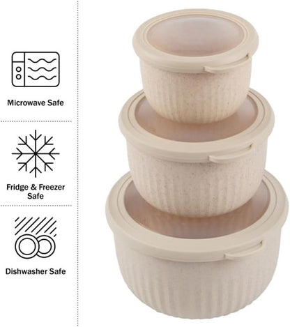 Bowls with Lids, Beige, Set of 3, 7”/5.5”/4.25”2