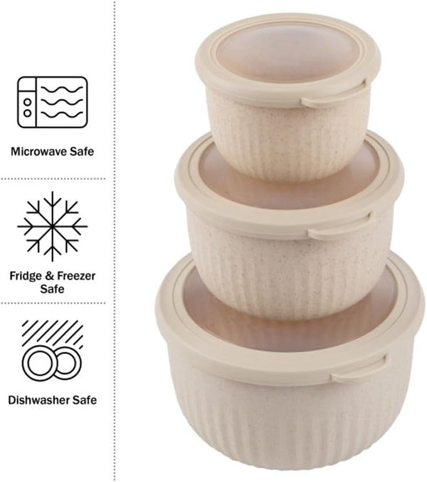 Bowls with Lids, Beige, Set of 3, 7”/5.5”/4.25”2