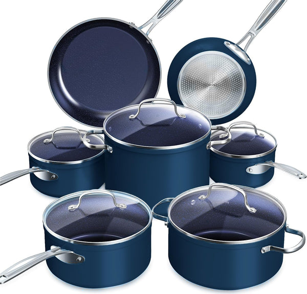Healthy Duralon Blue Ceramic Nonstick Cookware Set, PFAS Free | Scratch-Resistant, Dishwasher & Oven Safe, Induction Ready & Evenly Heats, Tempered Glass Lids & Stay-Cool Handles1