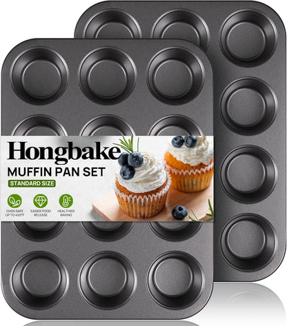 Muffin Pan for Baking, Nonstick Cupcake Tin 12 Cup, 2 Pack Cup Cake Tray, Premium Cheesecake Pans, Dishwasher Safe - Dark Grey1