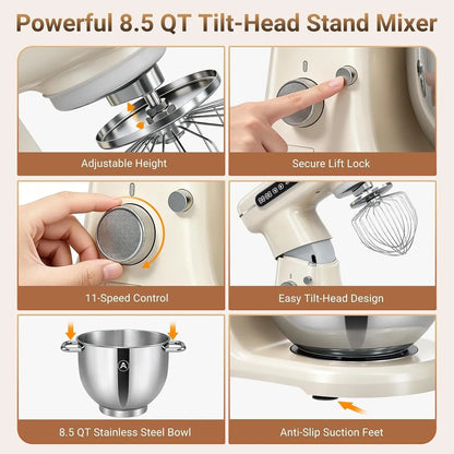 8.5QT Commercial Stand Mixer 1000W with Aluminum Die Casting Meets the Standard of NSF/ANSI 8-2023, 11 Speeds Electric Stand Mixer, Tilt-Head Dough Mixer with Bowl, Dough Hook, Whisk and Beater7