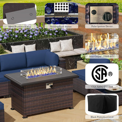 13 Pieces Outdoor Patio Furniture Set,Outdoor Sectional Furniture with 43" 55000 BTU Gas Propane Fire Pit Table,Pe Rattan Wicker Patio Conversation Set with 10 Thickened Cushions,Navy Blue3