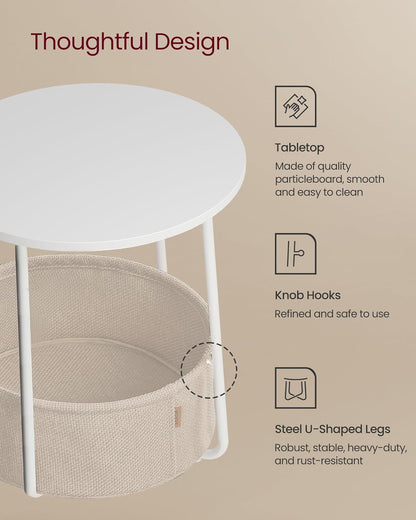 VASAGLE LILEA Collection - Small round Side End Table, Modern Nightstand with Fabric Basket, Matte White and Camel Brown ULET223W105