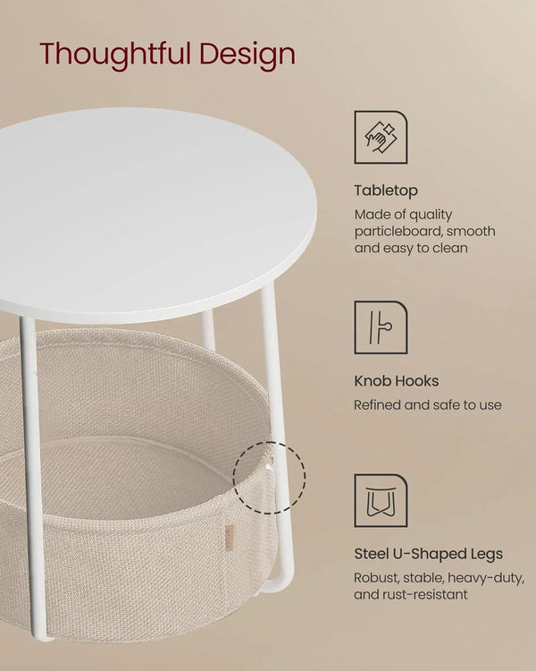 VASAGLE LILEA Collection - Small round Side End Table, Modern Nightstand with Fabric Basket, Matte White and Camel Brown ULET223W105