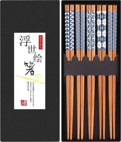 5 Pairs Natural Bamboo Chopsticks Reusable Classic Japanese Style Chop Sticks Gift Sets, Dishwasher Safe, 8.8 Inch/22.5Cm1