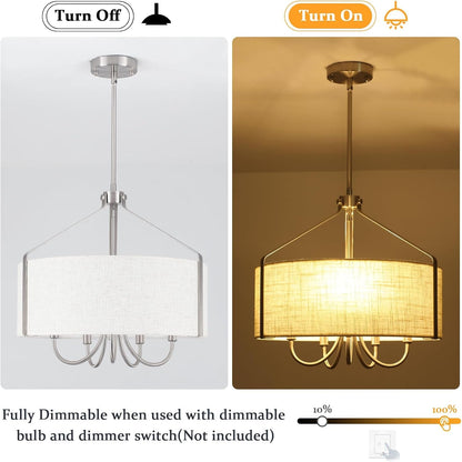 Drum Chandelier for Dining Room, 5-Light Modern Brushed Nickel Chandelier with Linen Shade, 18" Hanging Linen Drum Pendant Ceiling Light Fixture for Entryway, Foyer, Living Room, Kitchen, Bedroom5