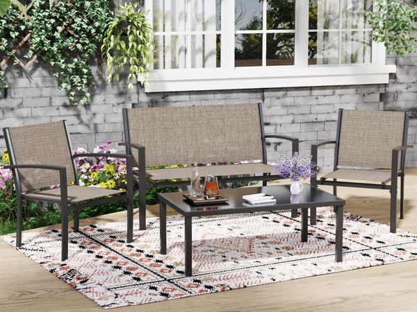 4 Pieces Patio Furniture Set, Outdoor Conversation Sets for Patio, Lawn, Garden, Poolside with a Glass Coffee Table, Brown3