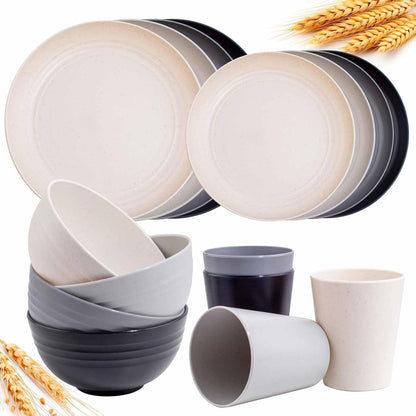 Wheat Straw Dinnerware Sets, 16PCS Plastic Dinnerware Set for 4, Wheat Straw Plates and Bowls Sets, Unbreakable Dinnerware Plastic Microwave Safe Dishes Set for Kitchen&Camping1