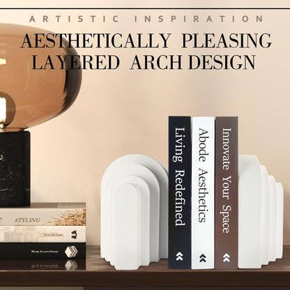 Book Ends for Heavy Books, Resin Decorative Bookends, Heavy Duty Book End for Shelves, Book Stopper for Shelves, Modern Home Decor Aesthetic Book Ends, Layered Arch Design Set of 2(Cream White)6