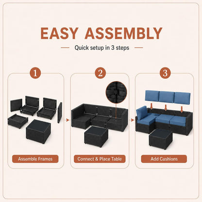 5-Piece Patio Furniture Set, Outdoor Wicker Sectional Sofa with 4-Inch Thick Cushions & Coffee Table, All-Weather PE Rattan Conversation Set for Backyard, Garden, Poolside, Aegean Blue7