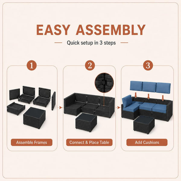 5-Piece Patio Furniture Set, Outdoor Wicker Sectional Sofa with 4-Inch Thick Cushions & Coffee Table, All-Weather PE Rattan Conversation Set for Backyard, Garden, Poolside, Aegean Blue7