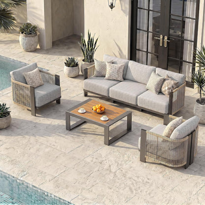 Luxury Patio Furniture Set, 4-Piece Curved Outdoor Furnitrue Set with Weather-Resistant Aluminum Frame and 7.1" Thicker Cushion, Woven Rope Patio Conversation Set for Deck, Garden1