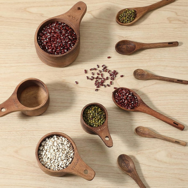 10-Piece Wooden Measuring Cups and Spoons Set, Handcrafted Acacia Wooden Measuring Cups - Solid Acacia Wood, Laser Engraved, Wood Rustic Kitchen Accessories for Baking, Cooking6