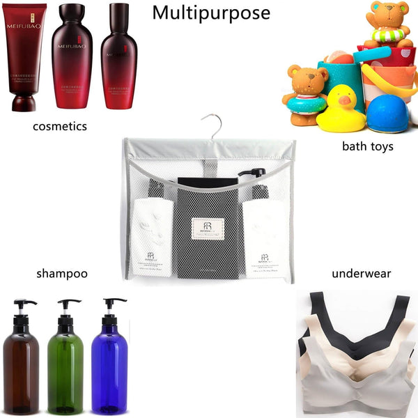 Hanging Mesh Shower Pockets for 34Oz/1000Ml Shampoo and Conditioner,Colorful Bath Toy Organizer,Hanging Tandem Type Closet Accessories Storage Bag,Gray2