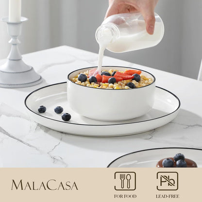 Plates and Bowls Sets, 12 Pieces Modern Porcelain Dinnerware Set for 4 White Kitchen Dinner Dining Ware Set Wtih Black Rim Ceramic Dishware Dishes Microwave and Dishwasher Safe, Series LUNA3