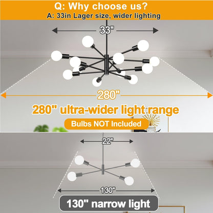 11"-52" Height Adjustable Modern Chandelier Ceiling Light Fixture, 12-Light Sputnik Chandeliers Matte Black Mid Century Chandelier over Table, Chandeliers for Dining Room Living (Bulbs Not Included)2