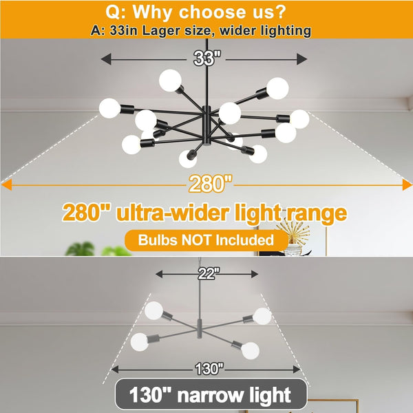 11"-52" Height Adjustable Modern Chandelier Ceiling Light Fixture, 12-Light Sputnik Chandeliers Matte Black Mid Century Chandelier over Table, Chandeliers for Dining Room Living (Bulbs Not Included)2