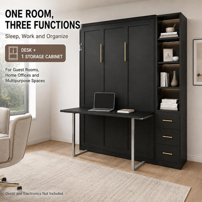Black Queen Murphy Bed with Desk, 1 Storage Cabinet, 3 Drawers7