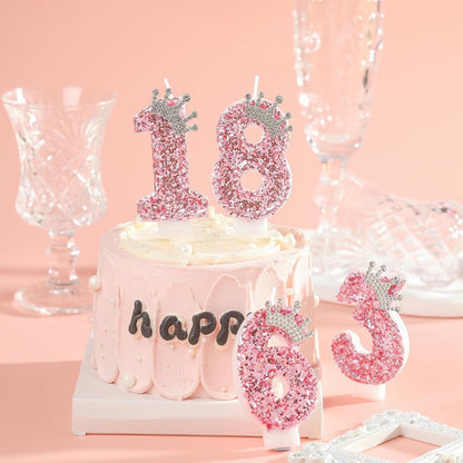 Birthday Number Candles,Pink Crown Birthday Candles for Cake,Glitter Number 4 Candle Cake Topper with Sequins for Girls,Women, Anniversary Celebrations Supplies3