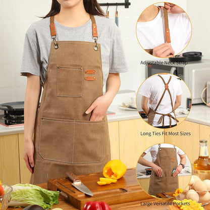 Canvas Cross Back Chef Cotton Aprons for Men Women with Large Pockets5