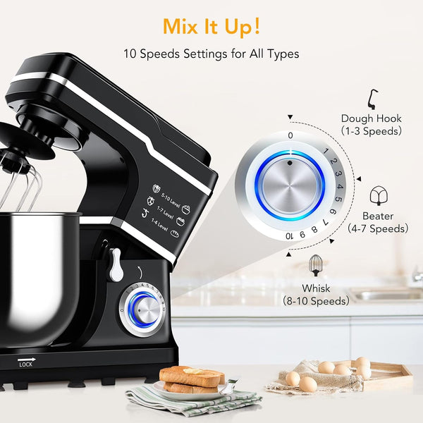 Stand Mixer Dough Mixer 7QT 660W 10-Speed Tilt-Head Dough Mixer, Electric Kitchen Mixer with Stainless Bowl, Hook, Whisk, Beater & Splash Guard, Black (Black)8