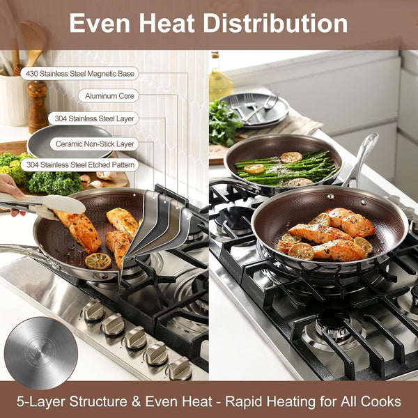 5Pc Hybrid Nonstick Frying Pans Set with Lids, 8, 10 & 12" Pans | Ceramic Nonstick,Stay-Cool Handle, Dishwasher Oven Safe, for All Stovetops Induction for Home Daily Cooking (Burgundy)5