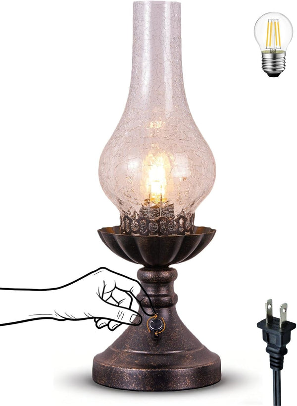 Vintage Table Lamp with Crackled Glass Shade & Rotary Knob Switch, Small Antique Desk Lamp,Lantern Rustic Farmhouse Western Victorian Bedside Decor for Bedroom,Living Room,Office1