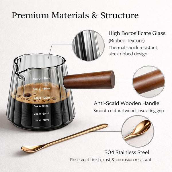 2 Pack Espresso Measuring Cups, 6 Oz Grey Glass with Wood Handles4