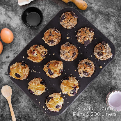 2-Pack 12-Cup Muffin Pan Set, Carbon Steel Nonstick Cupcake Tin | Includes 200 Liners, Durable Carbon Steel, Nonstick Release, for Cupcakes, Muffins, Egg Bites, Brownies, Oven Safe 450°F3