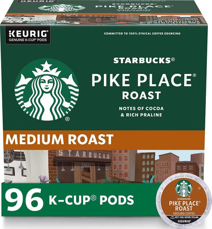 Starbucks K-Cup Coffee Pods, Medium Roast Hot or Iced Coffee, Pike Place Roast, 96 Keurig Pods ​1
