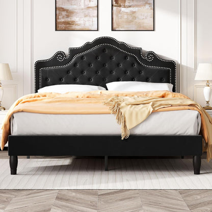 Queen Bed Frame with Adjustable Headboard/Velvet Upholstered/Diamond Button Tufted and Metal Studs/No Box Spring Needed/Wood Slat Support/Easy Assembly/Black1