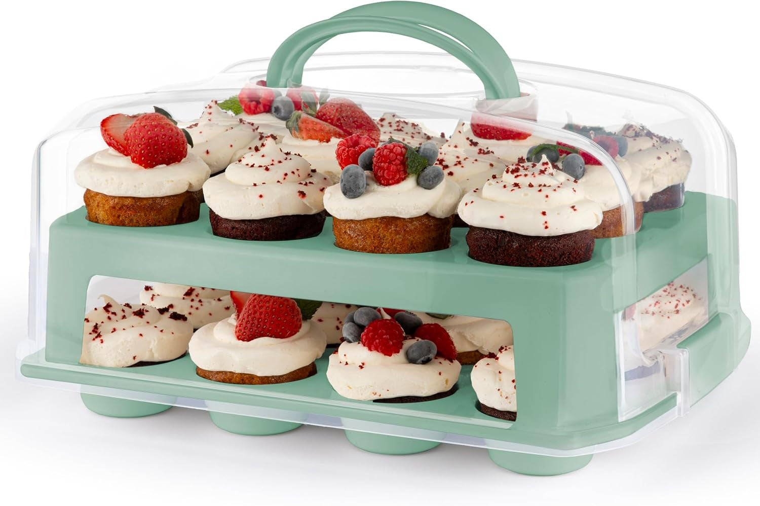 extra-tall-dome-24-cupcake-carrier-green-cupcake-holder-carries-24-cupcake-storage-container-muffin-traveler-two-tier-stand-reusable-cupcake-box