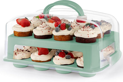 EXTRA TALL DOME 24 Cupcake Carrier, Green Cupcake Holder Carries 24 Cupcake Storage Container, Muffin Traveler Two Tier Stand Reusable Cupcake Box8