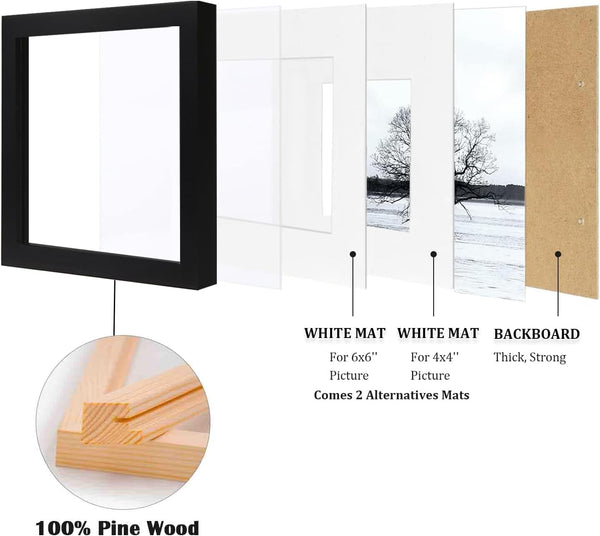 8X8 Picture Frames 4 Pcs,Solid Wood Frame Fits 4X4/6X6 with Mat or 8X8 without Photo Frame Covered by Plexiglass,For Wall Hanging and Tabletop,Wooden Square Picture Frame,Black4