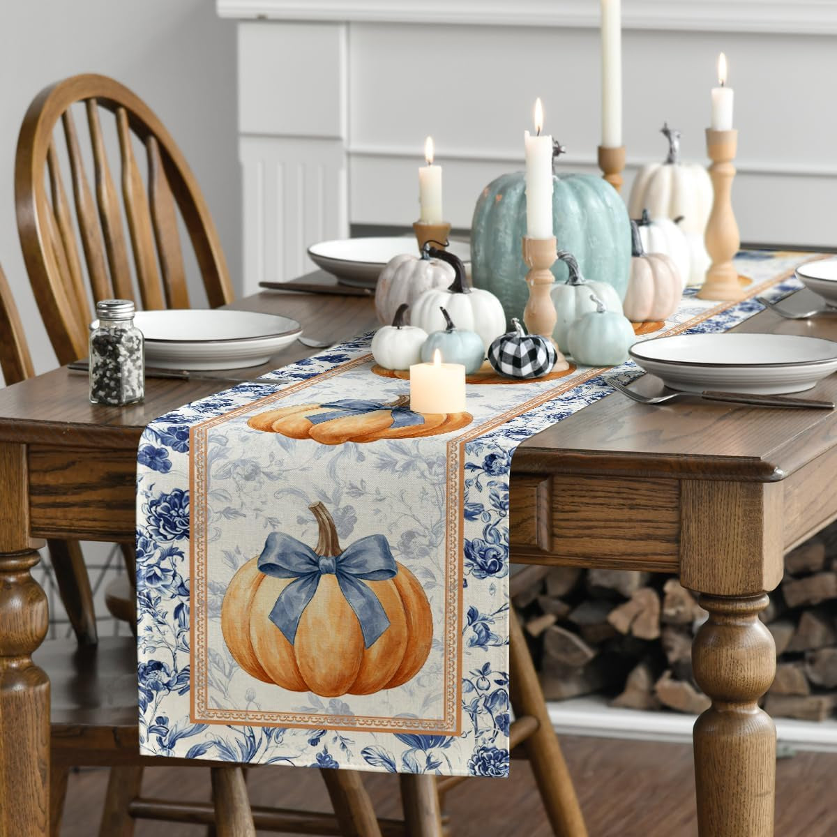 210-gsm-fall-table-runner-home-party-decor-13x72-inch-orange-pumpkin-bow-blue-white-porcelain-seasonal-kitchen-dining-table-decoration
