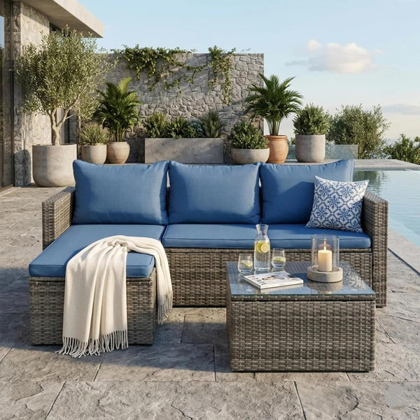 4-Piece Blue PE Wicker Patio Set, 43" Propane Fire Pit Table3