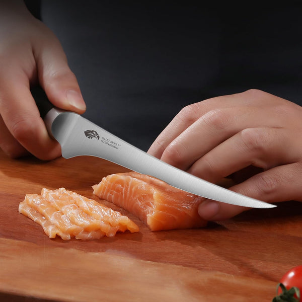 Fillet Knife, 7 Inch Professional Fish Boning Knife for Trimming Meat & Poultry, Flexible Blade, High Carbon German Steel, Full Tang Handle - Black Hawk Series4