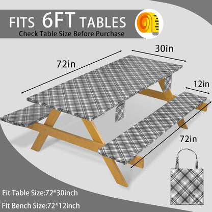 Fitted Waterproof Picnic Table Cover with Bench Covers Heavy Duty Elastic Outdoor Camping Tablecloth for 6 Foot Rectangle Tables Summer Rv Accessories Patio Garden Road Trip Essentials Gifts2